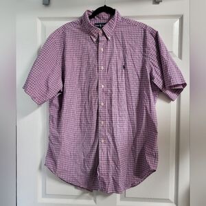 Ralph Lauren Men's Pink And Blue Short Sleeved Checkered Button Up Shirt Size XL